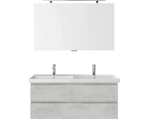 Set de meubles de salle de bains Pelipal Serie 4035 lxhxp 120 x 200 x 45 cm couleur de façade gris set de meubles de salle de bains 3 pièces avec vasque en céramique blanc et double vasque en céramique meuble sous vasque miroir avec éclairage LED