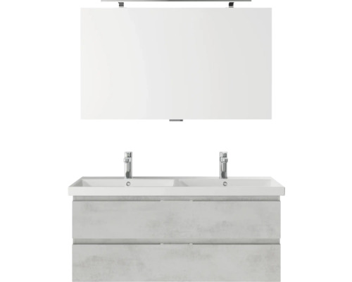 Set meubles SDB 3 pces Pelipal Serie 4035 lxhxp 120 x 200 x 45 cm couleur façade gris av. vasque céram. blanche et vasque double céram. meuble sous vasque miroir av. éclairage LED 40351200122030 Meuble-lavabo double avec meuble bas et miroir pour la salle de bain