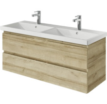 Waschtisch mit zwei Becken und Holzstruktur-Unterschrank