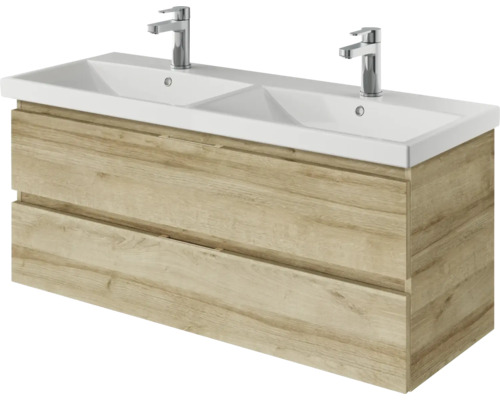 Waschtisch mit zwei Becken und Holzstruktur-Unterschrank