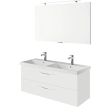 Waschtisch mit zwei Waschbecken, Unterschrank und Spiegel für das Badezimmer