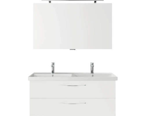 Badmöbelset 3-teilig Pelipal Serie 4035 BxHxT 120 x 200 x 45 cm Frontfarbe weiß mit Waschtisch Keramik weiß und Keramik-Doppelwaschtisch Waschtischunterschrank Spiegel mit LED-Beleuchtung Griff chrom glanz 40351200112150