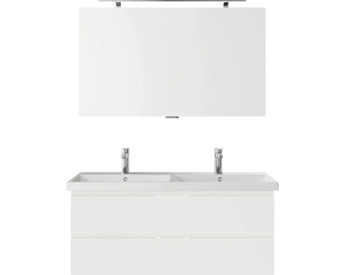 Set meubles SDB 3 pces Pelipal Serie 4035 lxhxp 120 x 200 x 45 cm couleur façade blanc av. vasque céram. blanche et vasque double céram. meuble sous vasque miroir av. éclairage LED 40351200122150 Meuble-lavabo avec double vasque et miroir pour la salle de bain