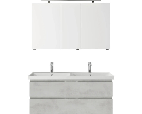 Set de meubles de salle de bains Pelipal Serie 4035 lxhxp 120 x 200 x 45 cm couleur de façade gris set de meubles de salle de bains 3 pièces avec vasque en céramique blanc et double vasque en céramique meuble sous vasque armoire de toilette éclairage LED