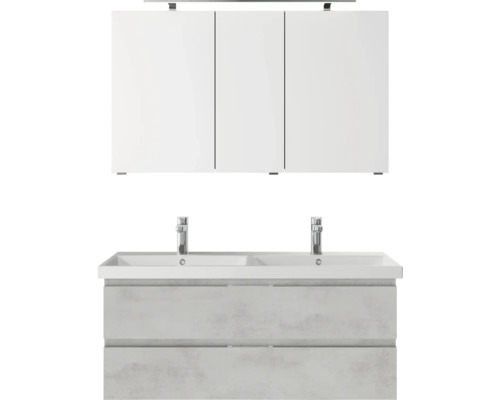 Set meubles SDB 3 pces Pelipal Serie 4035 lxhxp 120 x 200 x 45 cm couleur façade gris av. vasque céram. blanche et vasque double céram. meuble sous vasque armoire toilette av. éclairage LED 40351200121030 Meuble-lavabo avec deux vasques et armoire de toilette