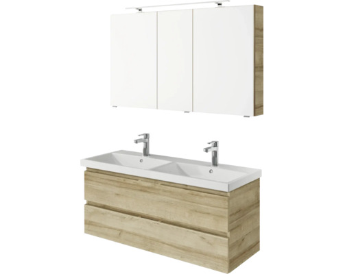 Meuble-lavabo avec deux lavabos et armoire de toilette avec trois portes