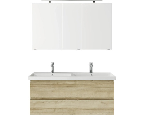 Set meubles SDB 3 pces Pelipal Serie 4035 lxhxp 120 x 200 x 45 cm couleur façade chêne riviera av. vasque céram. blanche et vasque double céram. meuble sous vasque armoire toilette av. éclairage LED 40351200121470