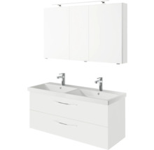 Weißer Doppelwaschtisch mit Unterschrank und Spiegelschrank für das Badezimmer.