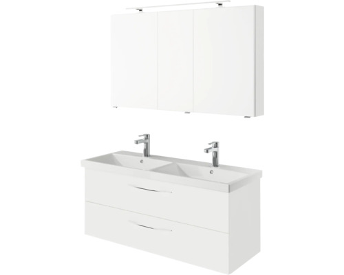 Weißer Doppelwaschtisch mit Unterschrank und Spiegelschrank für das Badezimmer.