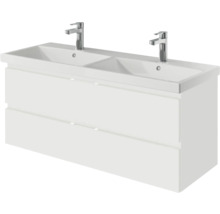Waschtischunterschrank mit zwei Waschbecken und zwei Armaturen