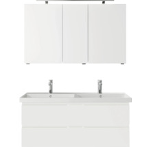 Waschtisch mit zwei Waschbecken und Spiegelschrank zur Wandmontage im Badezimmer.