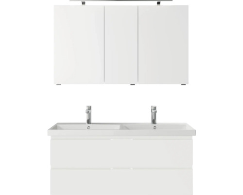 Set de meubles de salle de bains Pelipal Serie 4035 lxhxp 120 x 200 x 45 cm couleur de façade blanc set de meubles de salle de bains 3 pièces avec vasque en céramique blanc et double vasque en céramique meuble sous vasque armoire de toilette éclairage LED