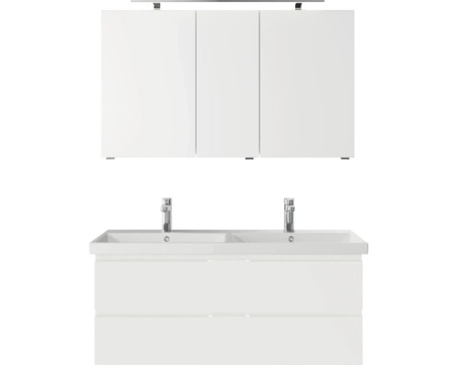 Set meubles SDB 3 pces Pelipal Serie 4035 lxhxp 120 x 200 x 45 cm couleur façade blanc av. vasque céram. blanche et vasque double céram. meuble sous vasque armoire toilette av. éclairage LED 40351200121150