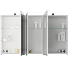 Weißer Spiegelschrank mit drei Türen und Glasablagen für das Badezimmer