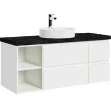 Waschtischunterschrank mit Aufsatzwaschbecken und Armatur auf einer Arbeitsplatte