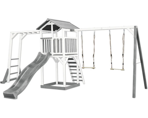 Tour de jeux axi Beach 519 x 349 cm bois blanc avec mur d'escalade, balançoire gris Aire de jeux avec toboggan, balançoire et structure d''escalade