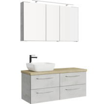 Badezimmerensemble mit Waschtischunterschrank, Aufsatzwaschbecken, Armatur und Spiegelschrank