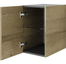 Hängeschrank mit geöffneter Holztür und Glasboden
