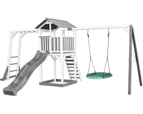 Tour de jeux axi Beach 519 x 349 cm bois blanc avec mur d'escalade, balançoire nid d'oiseau Aire de jeux avec toboggan, balançoire et structure d''escalade pour le jardin