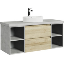 Waschtischunterschrank mit Aufsatzwaschbecken, zwei Schubladen und offenen Regalen