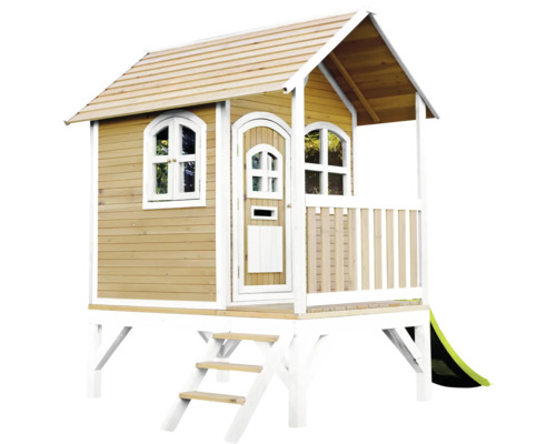 Spielhaus aus Holz mit Veranda, Rutsche und Treppe