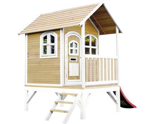 Cabane de jeu en bois avec toboggan, escalier, porte et fenêtres