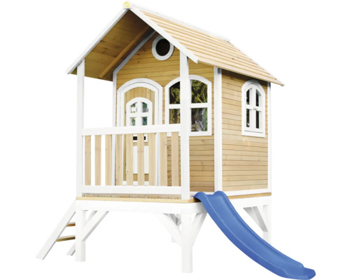 Cabane de jeux sur pilotis axi Tom 287 x 191 cm bois marron avec toboggan bleu