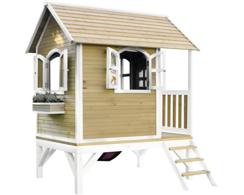 Cabane de jeux en bois avec fenêtres et escalier