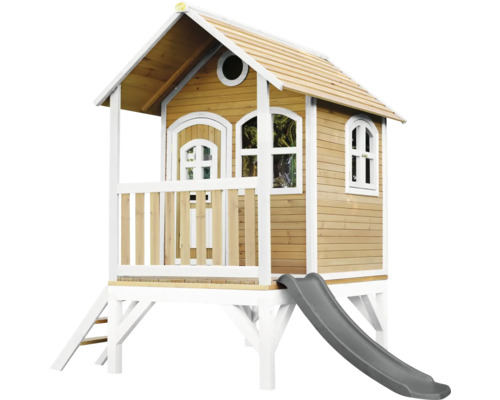 Cabane de jeux sur pilotis axi Tom 287 x 191 cm bois marron avec toboggan gris Maisonnette en bois avec toboggan et échelle