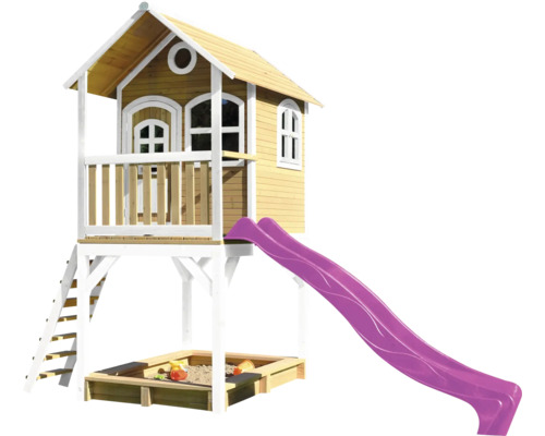 Cabane de jeux sur pilotis axi Sarah 370 x 191 cm bois marron avec toboggan lilas