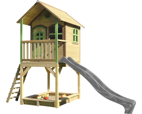 Cabane de jeux sur pilotis axi Sarah 370 x 191 cm bois marron avec toboggan gris