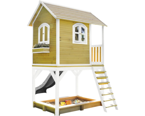 Maisonnette avec bac à sable, toboggan et escalier pour enfants