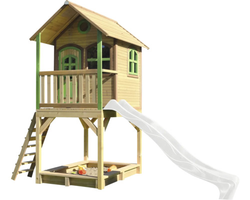 Cabane de jeux sur pilotis axi Sarah 370 x 191 cm bois marron avec toboggan blanc