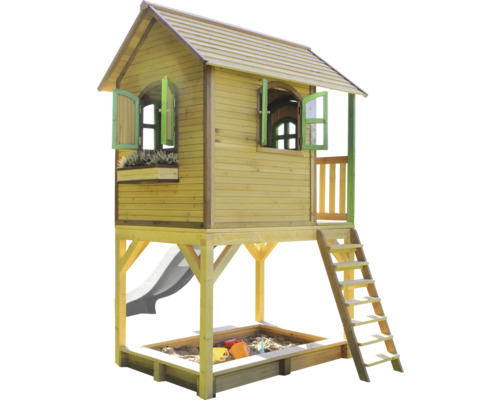 Spielhaus aus Holz mit Sandkasten, Rutsche und Leiter