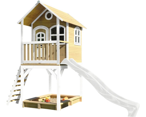 Cabane de jeux sur pilotis axi Sarah 370 x 191 cm bois marron avec toboggan blanc