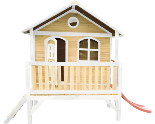 Cabane de jeux sur pilotis axi Stef 349 x 212 cm bois marron avec toboggan rouge Cabane de jeu en bois avec toboggan et véranda