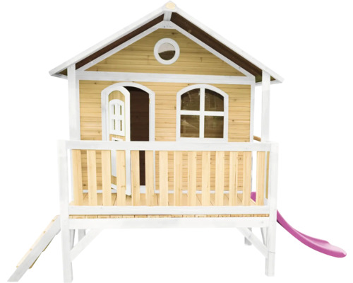 Cabane de jeux sur pilotis axi Stef 349 x 212 cm bois marron avec toboggan lilas Maisonnette en bois avec toboggan et échelle pour le jardin