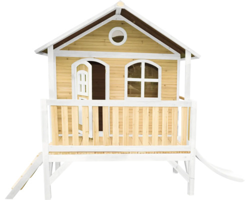 Cabane de jeux sur pilotis axi Stef 349 x 212 cm bois marron avec toboggan blanc Maisonnette en bois pour enfants avec toboggan et véranda