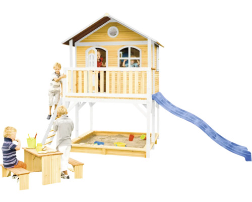 Maisonnette pour enfants avec toboggan, bac à sable et table de pique-nique