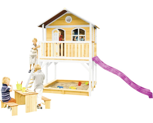 Maisonnette avec bac à sable, toboggan et table de pique-nique