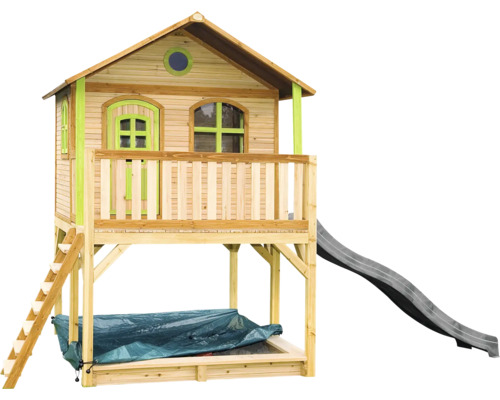 Cabane de jeux sur pilotis axi Marc 432 x 212 cm bois marron avec toboggan gris Cabane de jeux en bois avec toboggan, bac à sable et échelle