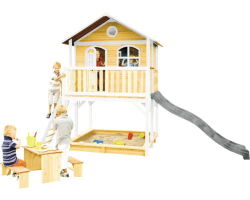 Maisonnette avec bac à sable, toboggan et table de pique-nique pour enfants