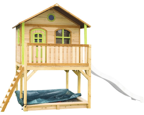 Spielhaus mit Rutsche, Leiter und Sandkasten aus Holz