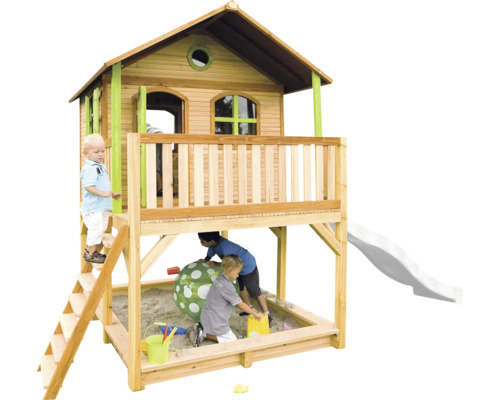 Cabane de jeux sur pilotis axi Marc 432 x 212 cm bois marron avec toboggan blanc Cabane de jeu avec bac à sable et toboggan pour enfants dans le jardin