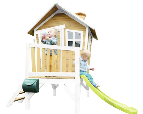 Maisonnette pour enfants avec toboggan et deux enfants