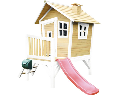 Cabane de jeux sur pilotis axi Robin 264 x 177 cm bois marron avec toboggan rouge Cabane de jeu en bois avec toboggan et boîte aux lettres