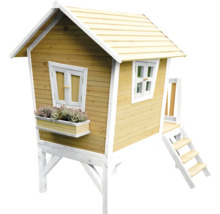 Cabane de jeu en bois avec fenêtres, jardinière et escalier