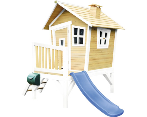 Cabane de jeux sur pilotis axi Robin 264 x 177 cm bois marron avec toboggan bleu Cabane en bois avec toboggan pour que les enfants puissent jouer dans le jardin