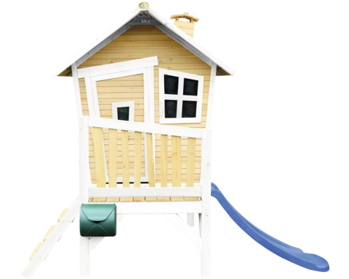 Cabane de jeu en bois avec toboggan et boîte aux lettres