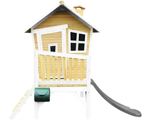 Maisonnette en bois avec toboggan, échelle et boîte aux lettres